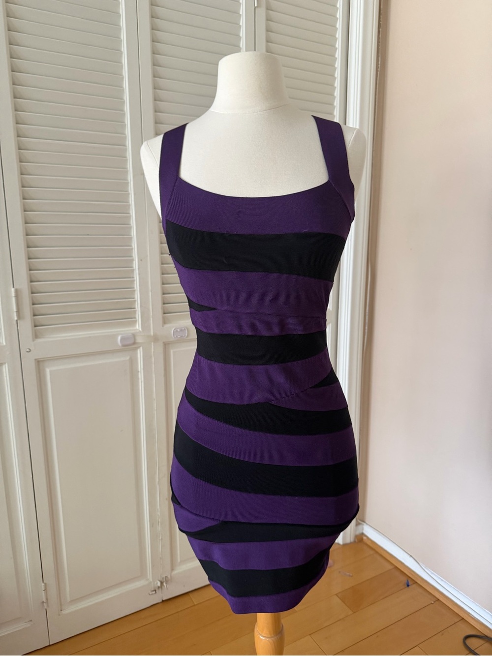 bebe Purple & Black Striped Bodycon Mini Dress